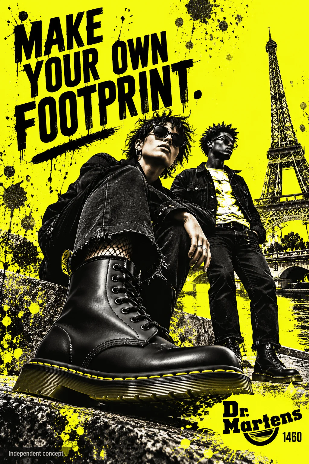 Dr. Martens poster concept, fashion advertising art direction and photo compositing: a 1460 boot pushed toward the lens with two figures and the Eiffel Tower on acid yellow, “Make your own footprint.”