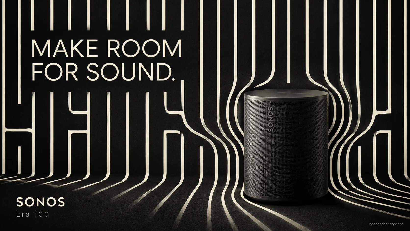 Sonos Era 100 print and out-of-home concept, consumer electronics art direction: cream line patterns bending around a black speaker, headline “Make room for sound.”