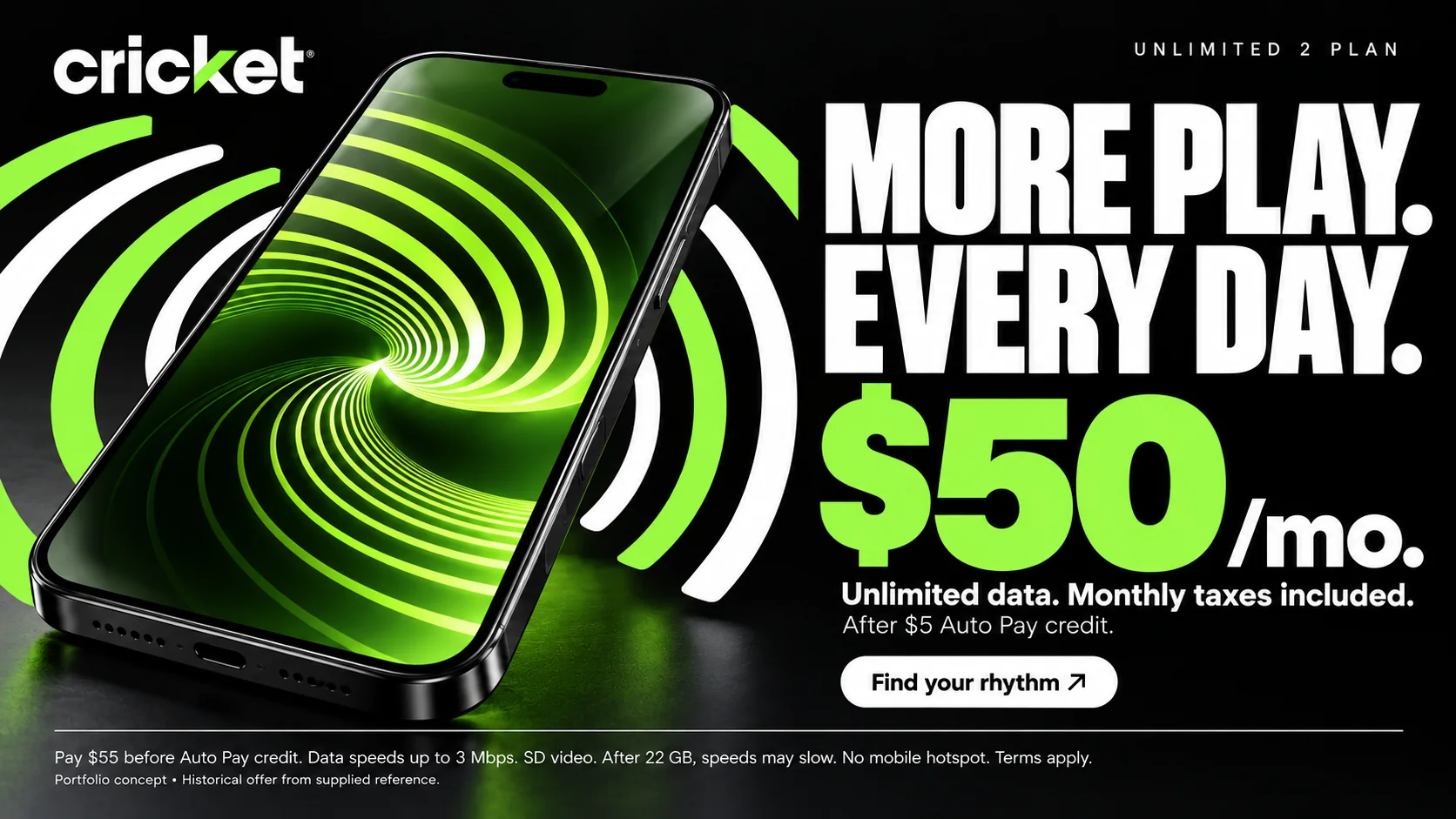 Cricket Wireless Unlimited 2 digital screen, retail marketing art direction: a smartphone with a green signal spiral beside the headline “More play. Every day.” and a $50 per month price