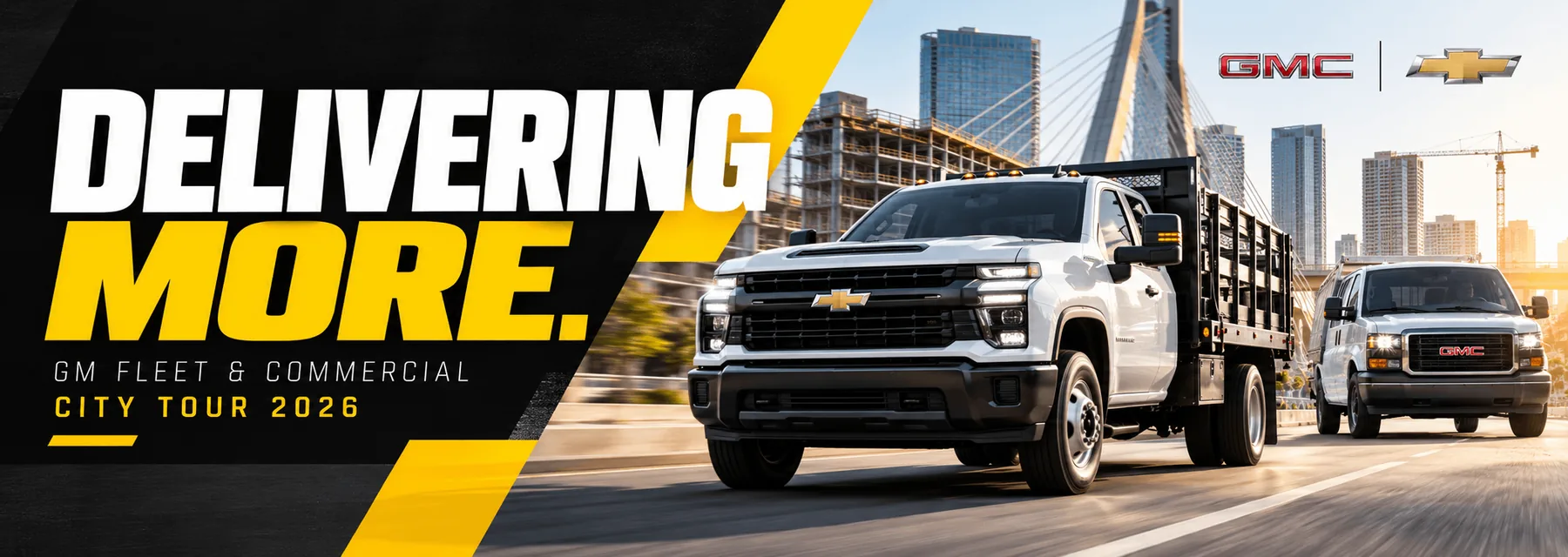 GM Fleet & Commercial City Tour venue banner, automotive event branding: Chevrolet and GMC work trucks in motion beside a black-and-yellow diagonal and the headline “Delivering more.”