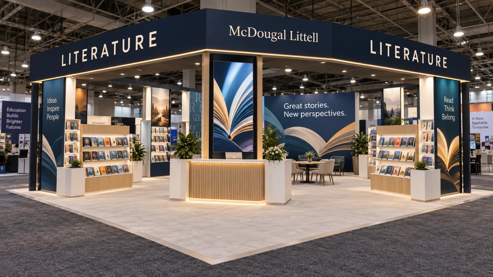 McDougal Littell literature island exhibit, experiential and trade show design: navy booth with a fanned-book graphic on the central tower and product shelving at the corners