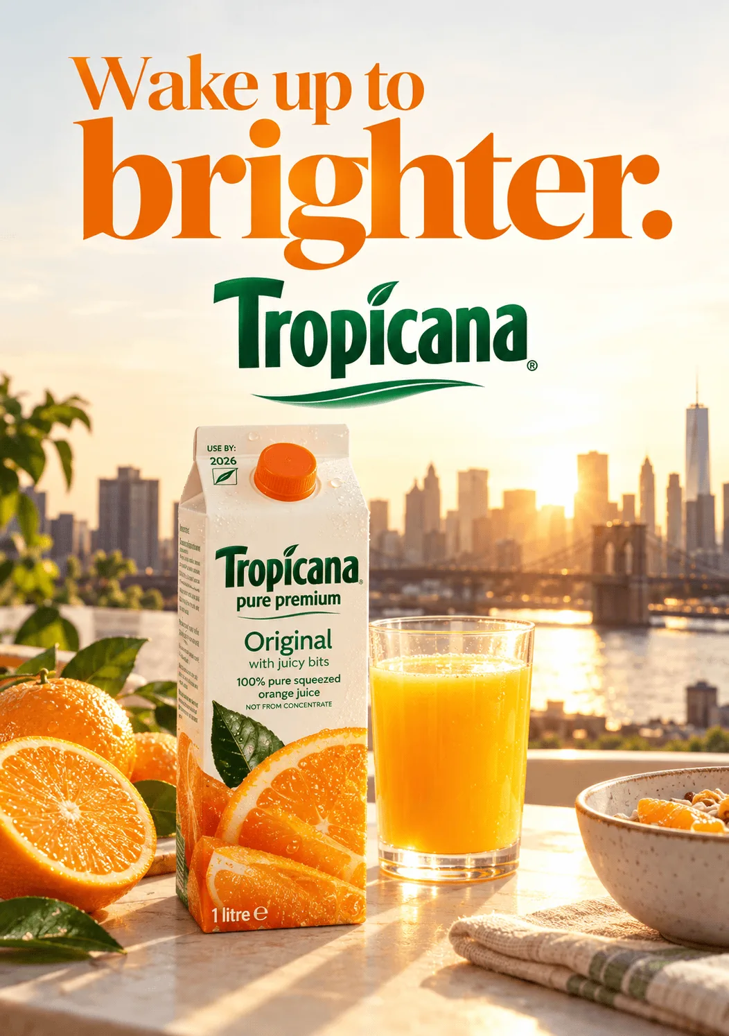 Tropicana Pure Premium campaign poster, CPG brand art direction: carton, glass of orange juice and cut oranges on a breakfast table facing a sunrise skyline, headline “Wake up to brighter.”